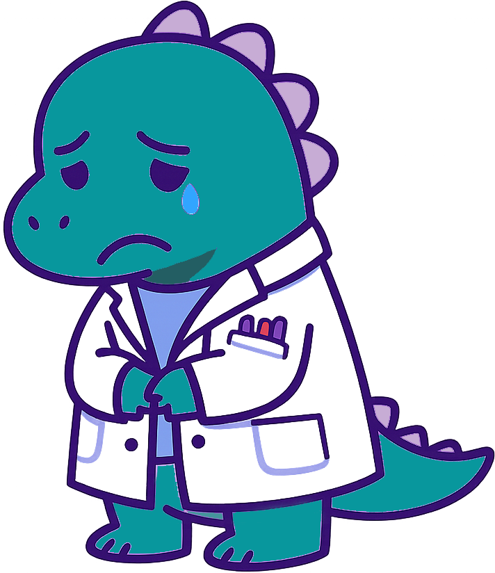 白衣を着た紫色の恐竜